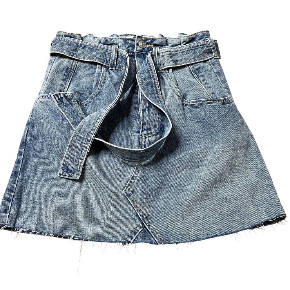 We The Free Denim Skirt Mini Paperbag Waist Belted Pockets Frayed‎ Women's